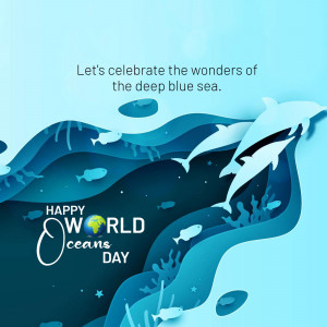 Illustration of dolphins jumping in a blue ocean with text celebrating World Oceans Day.