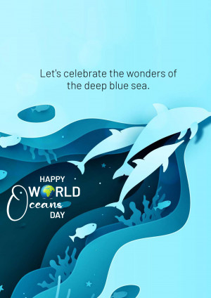 Paper art illustration of dolphins swimming in a blue ocean with World Oceans Day text.