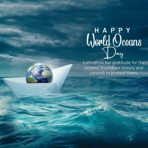 Paper boat carrying the Earth on a wavy ocean for World Oceans Day