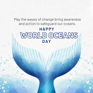 Watercolor illustration of a whale tail with text 'Happy World Oceans Day'