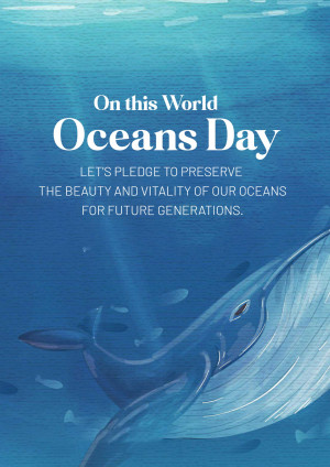 Illustration for World Oceans Day featuring a whale and text about ocean preservation.