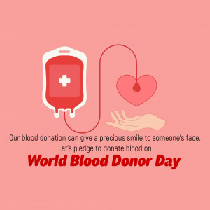 Illustration of a blood bag connected to a heart with a hand underneath, promoting blood donation.