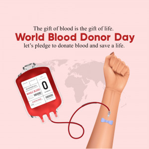 Image promoting World Blood Donor Day with a blood bag and a donor's arm.