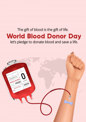 Image promoting World Blood Donor Day with a blood bag and arm with a needle.