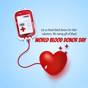 Image depicting a blood bag, heart, and text celebrating World Blood Donor Day.