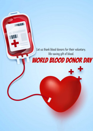 Image depicting a blood bag connected to a heart with the text 'World Blood Donor Day'