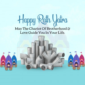 Rath Yatra greeting with a pile of plumbing pipes in the foreground.