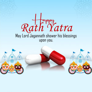 Rath Yatra festival greeting with Lord Jagannath imagery and medical capsules