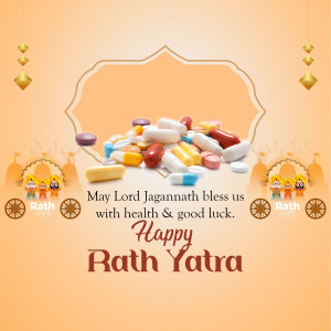 Rath Yatra greeting with pills and a temple background