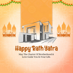 Illustration of a house with Rath Yatra procession in the background