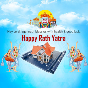 Rath Yatra festival image with Lord Jagannath and a house blueprint