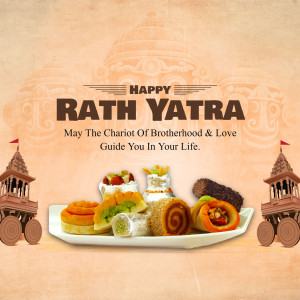 Rath Yatra celebration with sweets and temple imagery