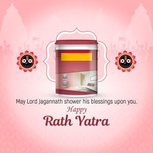 Rath Yatra greeting with a paint bucket showing a home interior and religious symbols.