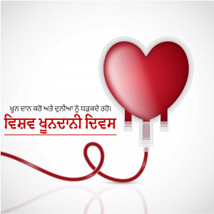 Red heart shaped blood bag with a magnetic connection and text in Punjabi and Hindi