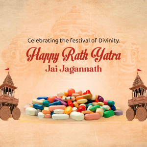 Happy Rath Yatra image with colorful sweets and temple architecture