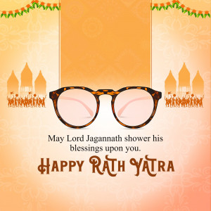 Rath Yatra greeting with glasses and temple imagery
