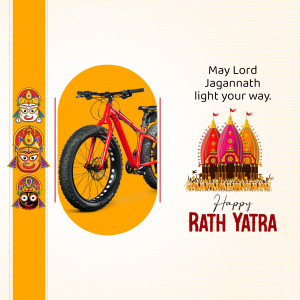 Rath Yatra greeting with a red bicycle and temple illustrations