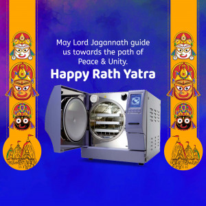 Image depicting a Happy Rath Yatra greeting alongside a sterilization equipment machine.