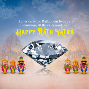 Rath Yatra greeting with a diamond and temple background