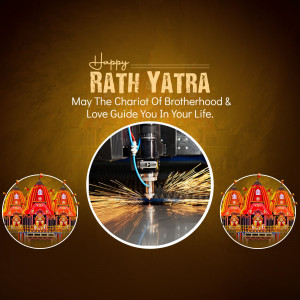 Rath Yatra festival greeting with temple and industrial imagery