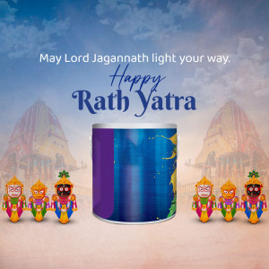 Rath Yatra greeting with a mug featuring Jagannath temple and deities.
