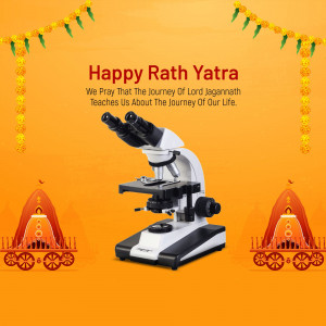 Rath Yatra greeting with a microscope and traditional decorations
