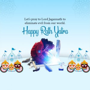 Image depicting a worker with Rath Yatra decorations and text wishing for the elimination of evil.