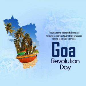 Image commemorating Goa Revolution Day with a map of Goa and coastal scenery.