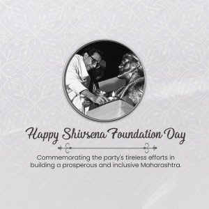 Black and white image commemorating Shivsena Foundation Day with a portrait of Bal Thackeray and a statue.