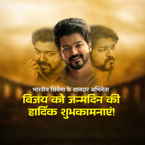 Poster celebrating Vijay's birthday with multiple images of the actor and text in Hindi.