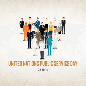 Illustration depicting diverse public service professionals forming a heart shape with text 'United Nations Public Service Day'