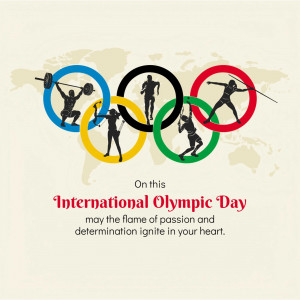 Olympic rings with silhouettes of athletes and text 'International Olympic Day'