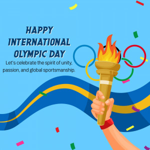 Illustration of an Olympic torch with Olympic rings and a celebratory message.