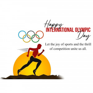 Illustration of a runner silhouetted against a rising sun with the Olympic rings and text 'Happy International Olympic Day'