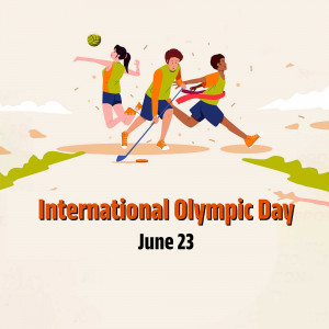 Illustration of athletes playing various sports with text 'International Olympic Day June 23'