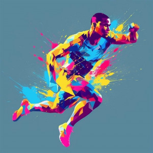 A vibrant, abstract illustration of a runner in motion.
