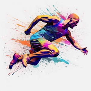 A colorful, dynamic image of a runner in mid-stride with paint splashes.