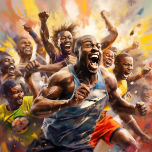 A digital painting of a victorious athlete with a crowd celebrating in the background.
