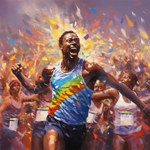 Painting of a victorious sprinter celebrating with arms raised amidst a cheering crowd and falling confetti.