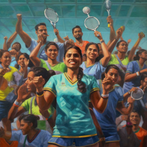 A vibrant painting of a badminton team celebrating a win, with players raising rackets and cheering.