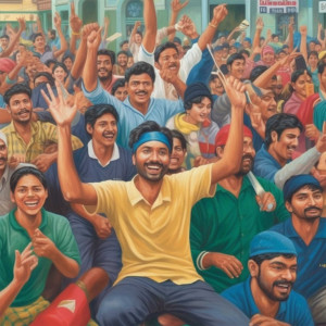 A vibrant crowd of people celebrating with raised arms and joyful expressions.
