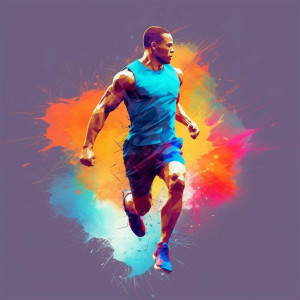 A digital painting of a man running with a colorful paint splatter effect.