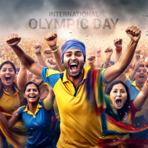 A diverse group of athletes celebrating with raised fists in front of a cheering crowd on International Olympic Day.