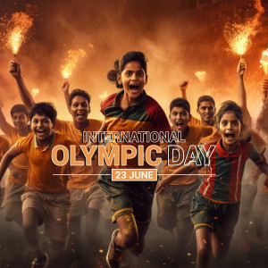 Group of children celebrating International Olympic Day with torches