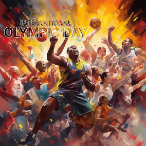 A digital painting celebrating International Olympic Day with a basketball player in focus and a crowd of athletes in the background.