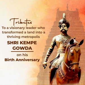 Image of Kempe Gowda statue on horseback with text commemorating his birth anniversary.