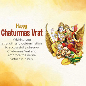 Image depicting Lord Vishnu and Goddess Lakshmi on Garuda, wishing a Happy Chaturmas Vrat