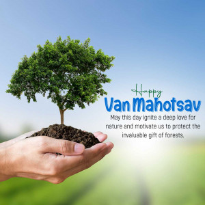 Hands holding soil with a small tree growing, with 'Happy Van Mahotsav' text.