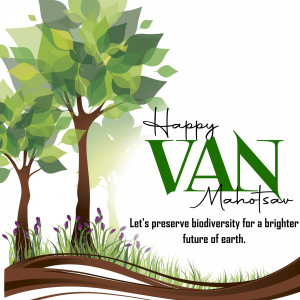 Illustration of trees and plants with the text 'Happy Van Mahotsav'