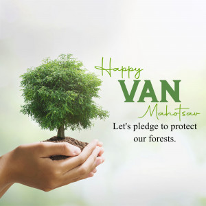 Hands holding soil with a small tree growing, with text 'Happy Van Mahotsav'